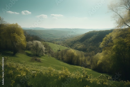 Scenic view of lush hills in spring. Generative AI