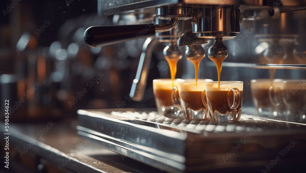 Espresso Machine Pouring Coffee into Cup Close-up. Generative ai Espresso Machine Pouring Coffee into Cup Close-up. Generative ai