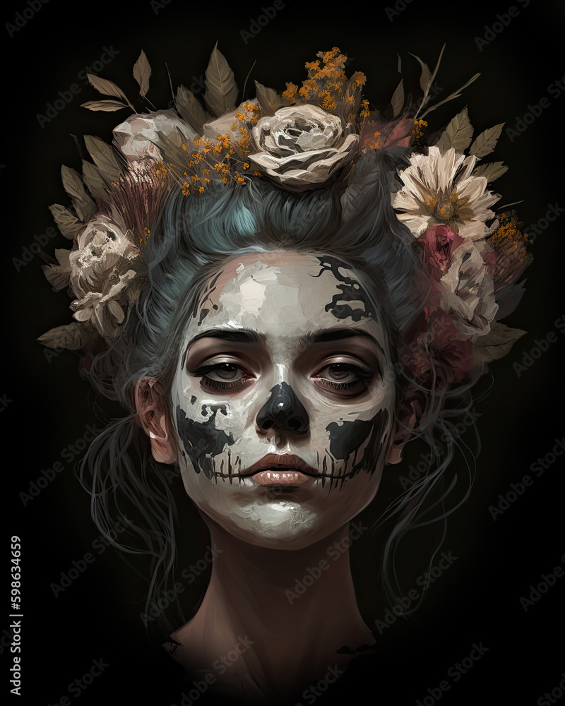 A girl with a skull pattern on her face and flowers. The day of the Dead. Digital art. Generative AI. A girl with a skull pattern on her face and flowers. The day of the Dead. Digital art. Generative AI.