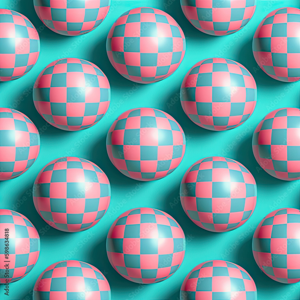 Checkered colorful spheres in pastel green and red pattern 3d background illustration