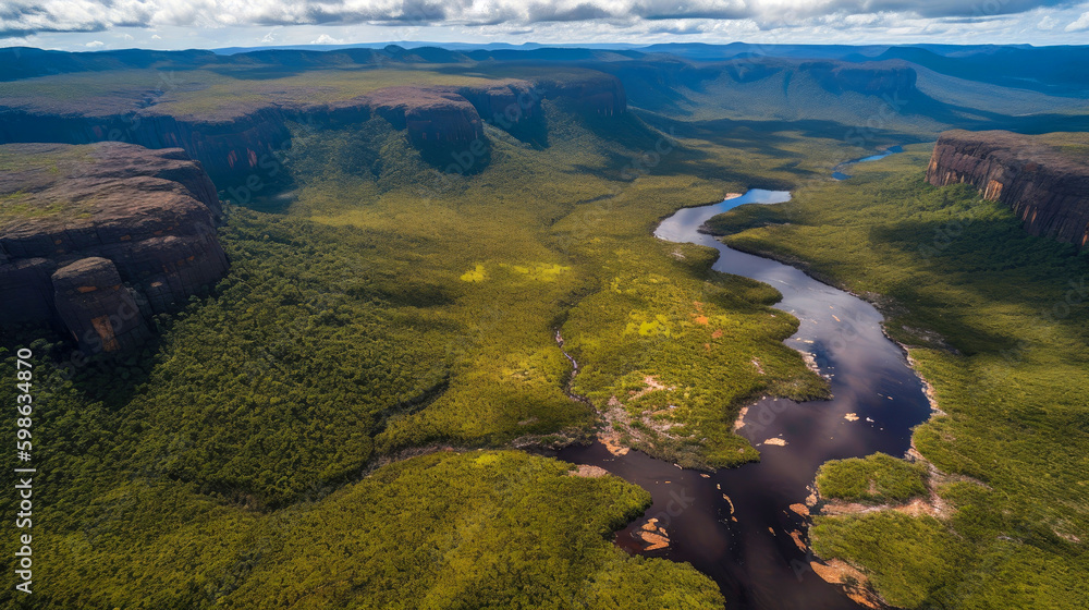 Aerial view of Rio Churun River flowing amidst Amazon rainforest. Venezuela. Generative AI Aerial view of Rio Churun River flowing amidst Amazon rainforest. Venezuela. Generative AI