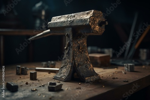 Tabletop workshop anvil in hammer form on stand. Created with metallic material. Generative AI