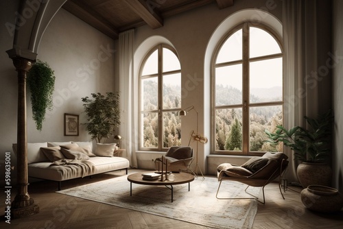 Stunning contemporary Spanish interior featuring an arched window and winter scenery. Generative AI © Delilah