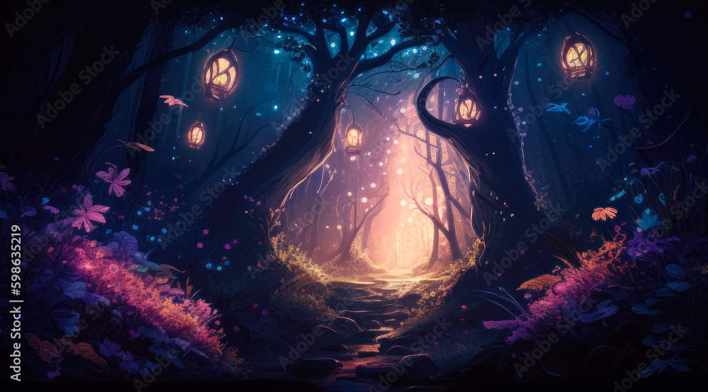 Path in fairy tale forest at night with glowing lights. Generative AI Path in fairy tale forest at night with glowing lights. Generative AI