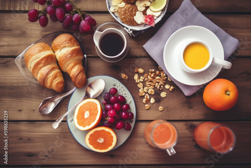 Healthy breakfast on wooden table, flat lay. Croissants with fruits and berries. Generative AI