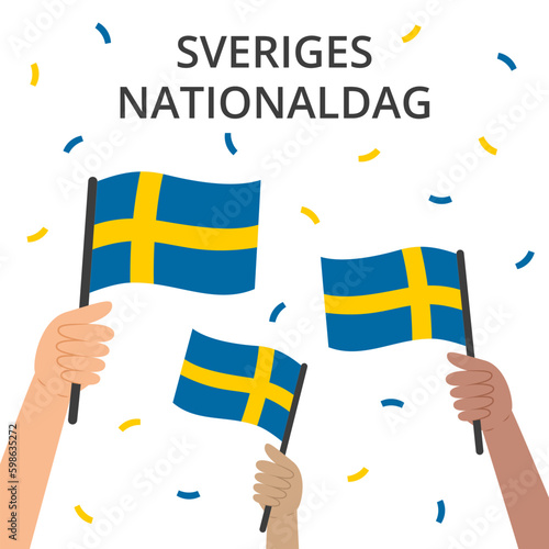 Sweden National Day (Sveriges Nationaldag) banner. National holiday 6 June. Template with diverse hands holding Swedish flags. Square shape for social networks. Vector illustration.