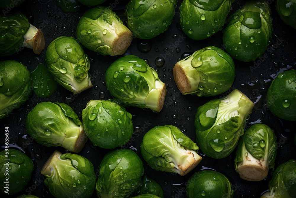 Naklejka premium Fresh tasty Brussel Sprouts in water drops on dark background. Pro studio shot. Digitally generated AI image
