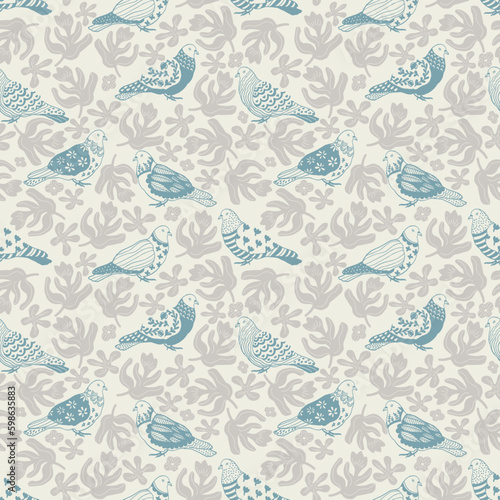 Seamless pattern of pigeons with different floral folk style art on them, amidst flowers and leaves. Done in a cute, clean art style, in soft colors. Great for kids clothing, fashion, textiles, home