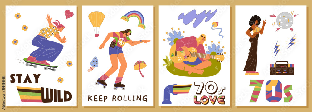 70s style posters with vector retro illustrations. Vintage prints with people from the 70s. Hippies, disco dancer, roller skater characters.