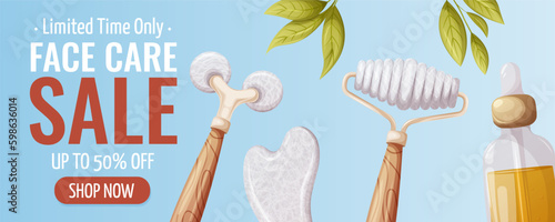 Face care sale promotion banner. Gua sha scraper, rollers and oil serum on a summer background. Concept of health, beauty. Trendy vector illustration. For poster, advertising, special offer, website.
