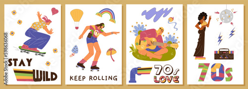 70s style posters with vector retro illustrations. Vintage prints with people from the 70s. Hippies, disco dancer, roller skater characters.
