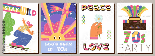70s style posters with vector retro illustrations. Vintage prints and party invitation.