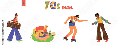 Men from the 70s vector illustrations set.  Men roller skating, dancing disco, hippie playing the guitar, walking with boom box.