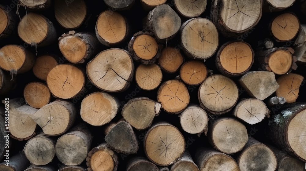 Sawn-off logs are stacked on top of each other. wood industry Generative AI