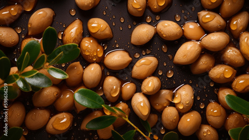 Argan seeds and oil background. Argana nuts and branches created with generative ai tools Generative AI