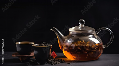 hot tea in a teapot isolated on dark background. Generative AI