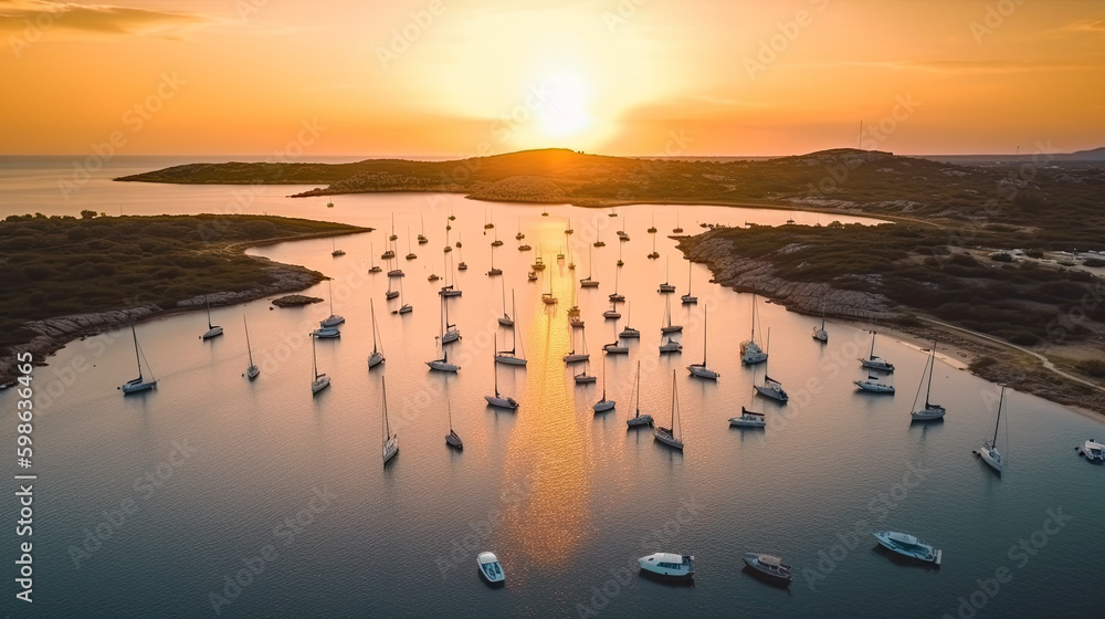 aerial view of sailing yachts in the docks at sunset. Generative AI