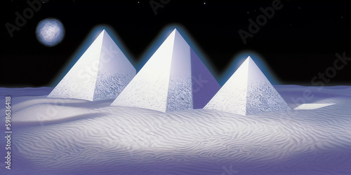 Surreal pyramids in a desert landscape, vinatge poster illustration, Generative AI photo