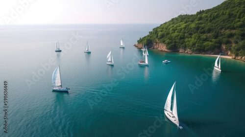 aerial view of luxury sailing yachts in bay. Generative AI