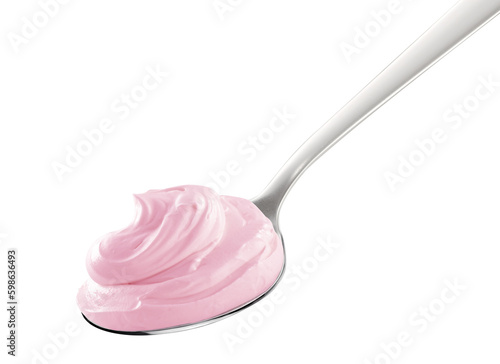 Strawberry Yogurt on spoon, isolated on white background photo