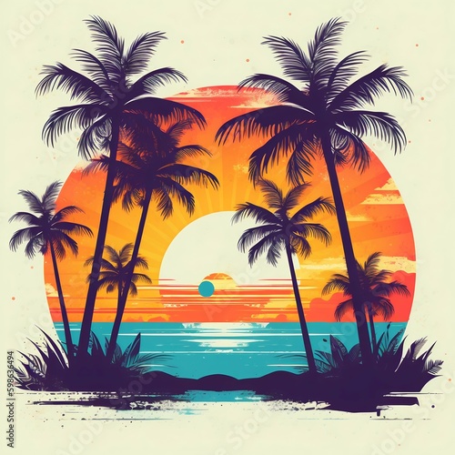 Retro Sunset Beach Design with Palm Trees Logo. Generative ai