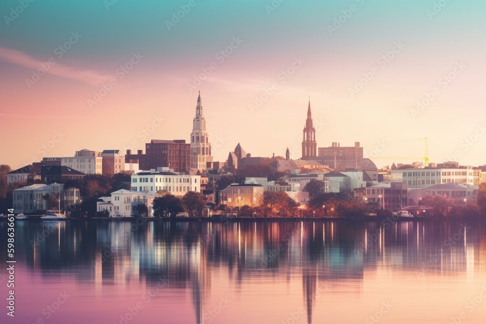 Fototapeta premium Gradient Charleston skyline with transparent layers highlighting landmarks. Generative AI
