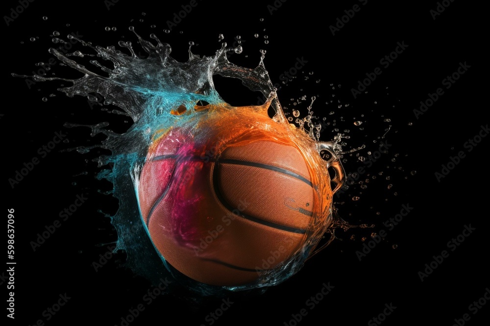 Colorful basketball splash on black background with copy space. Generative AI