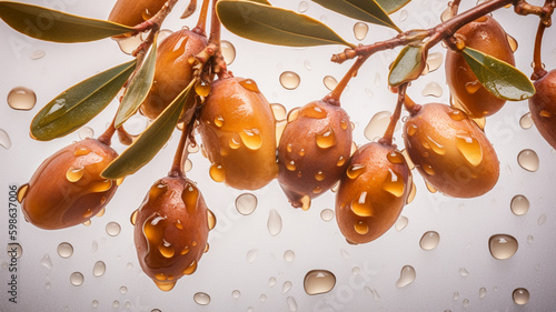 Argan seeds and oil background. Argana nuts and branches created with generative ai tools Generative AI