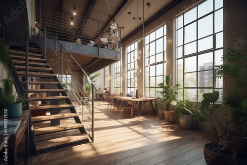 Bright two-story co-working space with urban view & furniture. 3D Render. Generative AI