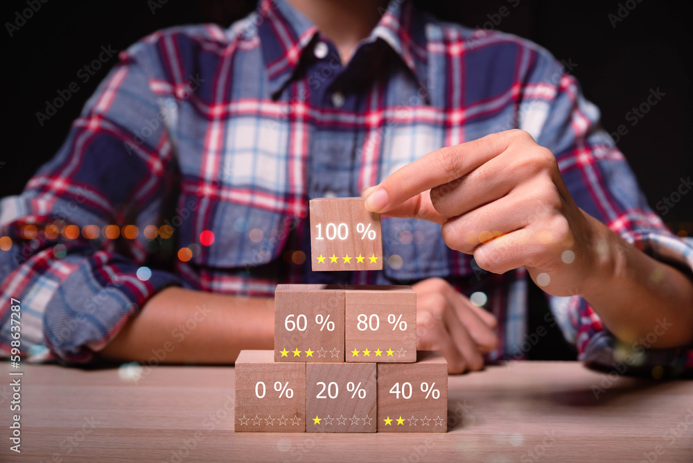feedback rating and positive customer review experience, service and Satisfaction, Business people are Choosing wood block with 5 star icon to give satisfaction in service. rating very impressed feedback rating and positive customer review experience, service and Satisfaction, Business people are Choosing wood block with 5 star icon to give satisfaction in service. rating very impressed