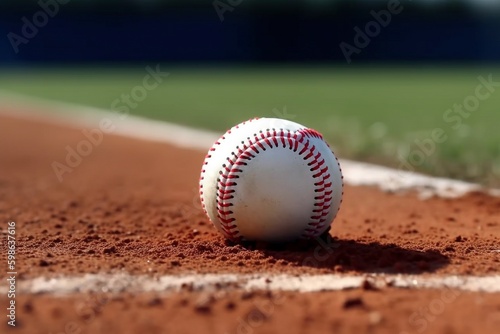 Baseball Resting on White Line, Field Background, Classic Sports Moment, Generative AI