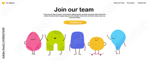 Join our team of Landing Page. Banner with textured geometric shapes. Cartoon contemporary vector illustration with a business theme. Positive work team waving hello Generative AI