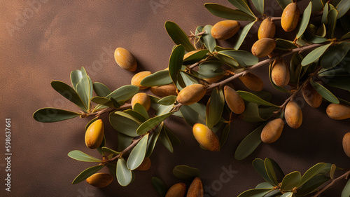 Argan seeds and oil background. Argana nuts and branches created with generative ai tools Generative AI