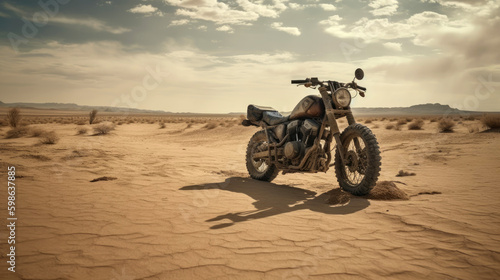 Highly customized rusty motorcycle in the desert. Generative AI