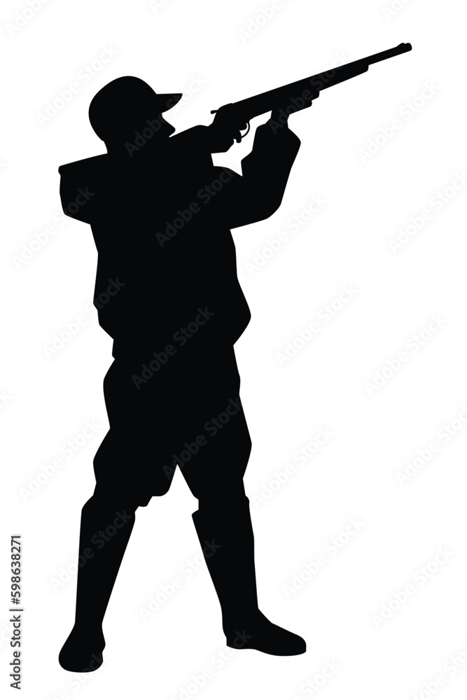 Hunter with gun silhouette vector on white, duck killer.