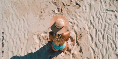 Top View Photo of a Bikini Concept, Capturing the Essence of Summer by the Sea. Embrace the Waves, Beach woman topless AI Generative