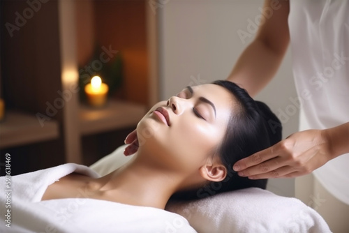  Hands of cosmetologist making manual relaxing rejuvenating facial massage for young woman in beauty salon. Rejuvenating facial massage in cosmetology. Generative AI Generative AI