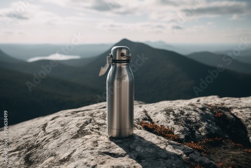 An aluminum hiking water bottle resting atop a mountain peak. Generative AI