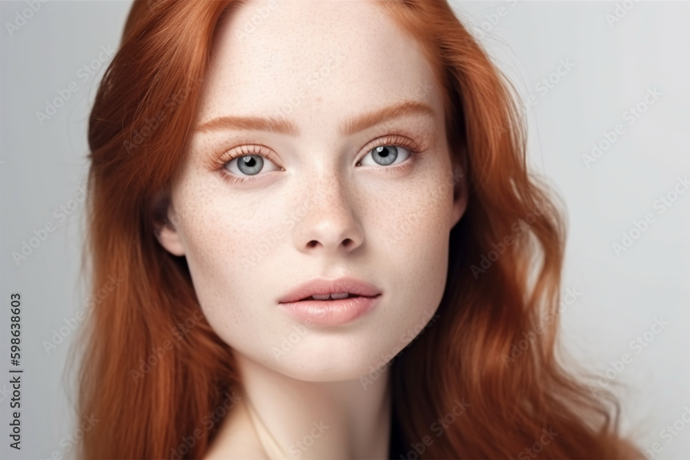Fototapeta premium Beauty Woman Face Portrait. Beautiful spa model Girl with perfect fresh clean skin. Brunette woman looking at the camera. Young people and skin care concept.Generative AI Generative AI