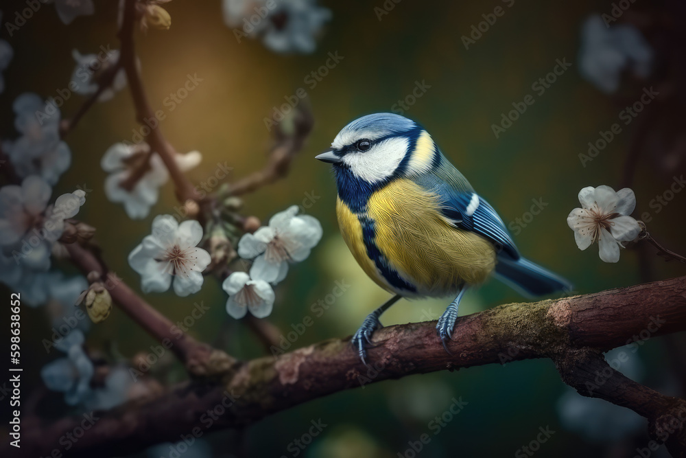 Fototapeta premium Bluetit_sitting_on_the_flower_fence_spring_background 