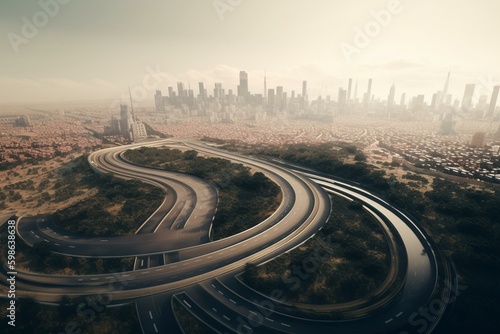 3D illustration of a winding road and highway with an isolated city skyline and piece of land. Generative AI