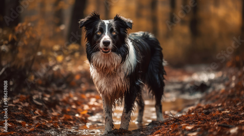 Dirty moment captured as a Border Collie peacefully walks through wet mud in the beautiful autumn surroundings AI GENERATIVE