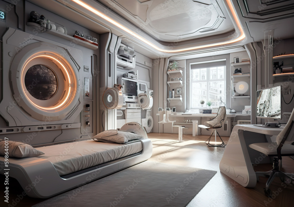 Futuristic boys' children's room as it will look like in the future. Really in a sci-fi design. Very nice clean lines characterize the interior of the room for boys, children and teenagers.AI illustra