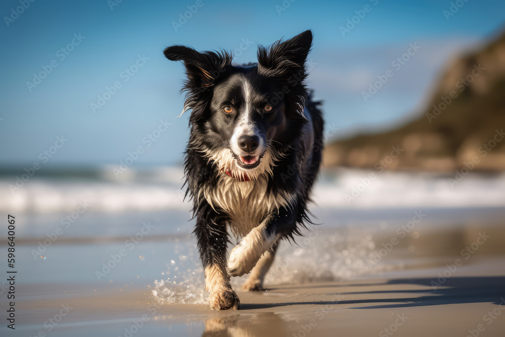 Exhilarating Beach Sprint. Breathtaking image of a Border Collie running through a sun-kissed beach. Pet concept AI Generative Exhilarating Beach Sprint. Breathtaking image of a Border Collie running through a sun-kissed beach. Pet concept AI Generative