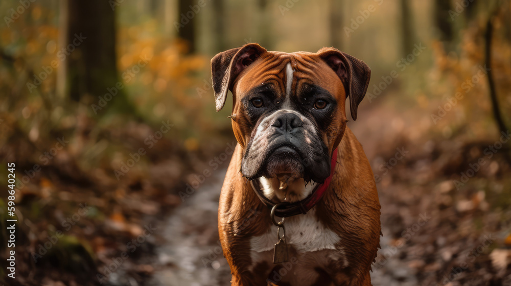 Boxer dog enjoying the beauty of autumn nature, with muddy paws and a dirty coat. Pet concept AI Generative