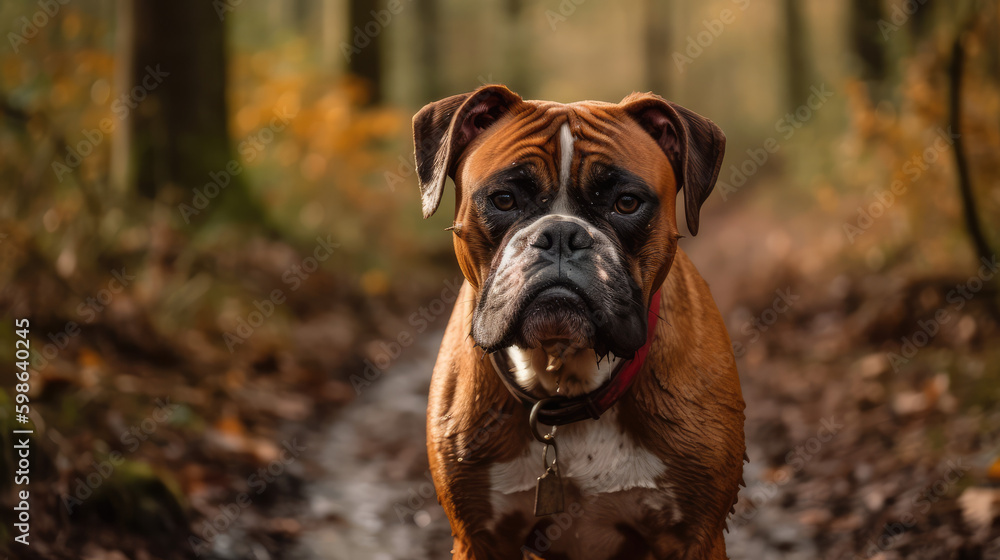 Boxer dog enjoying the beauty of autumn nature, with muddy paws and a dirty coat. Pet concept AI Generative Boxer dog enjoying the beauty of autumn nature, with muddy paws and a dirty coat. Pet concept AI Generative