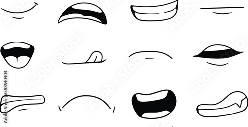 Cartoon mouth smile, happy, sad expression set, Funny comic doodle style EPS 10 photo