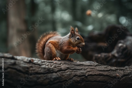 A tree-dwelling squirrel guards its nut. The banner creates space for text. Generative AI