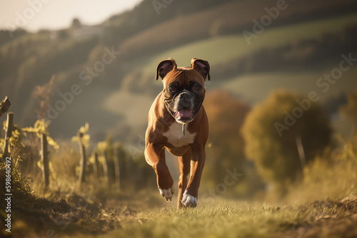 Energetic Boxer in Motion. Thrilling photo of a Boxer dog running through a sun-kissed natural scenery. Pet concept AI Generative