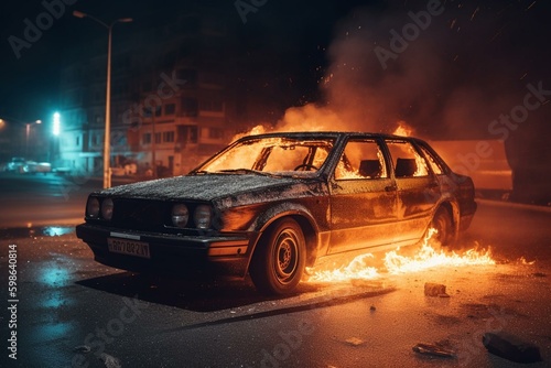 Burning car at night with police lights in the background and no one around. Generative AI © Fallon